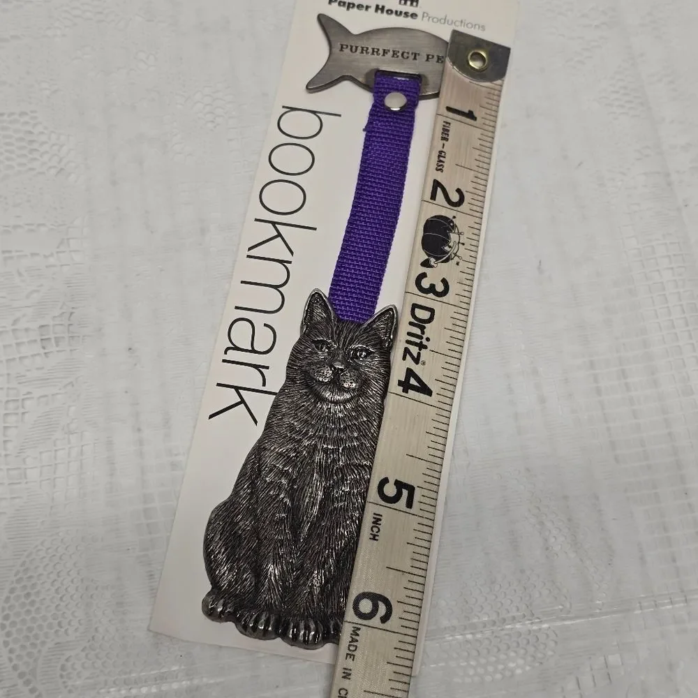 Pewter Cat & Fish Bookmark with Purple Ribbon Perfect Pet NWT